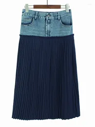 Skirts Denim Patchwork High Waisted Pleated For Women 2024 Autumn Stylish Fashion Mid Length Chiffon Skirt Y4410