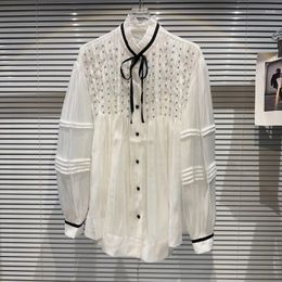 Women's Blouses BORVEMAYS 2024 Autumn White Shirt Elegant Mesh Patchwork Stand Collar Long Sleeve Single-breasted Pleated WZ5079