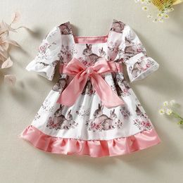 Girl Dress Rabbit Flower Print Puff Short Sleeve Square Neck Ruffle Hem Baby Toddler Kid Girl 240418