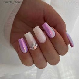 False Nails 24Pcs medium length ballet Fake Nail Glitter Purple French False Nails with glue Full Cover Nail Tips Wearable Press on Nails Y240419POOT