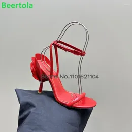 Dress Shoes Back Rose Flower Luxury Design Sandals For Women 2024 Thin High Heel Round Toe Slingback Ankle Buckle Strap Summer Sexy Shoe