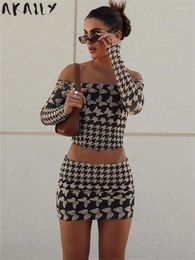 Work Dresses Akaily Fall Brown Houndstooth Print 2 Two Piece Skirt Set Vintage Party For Women 2024 Off Shoulder Crop Top Fashion Sets