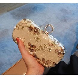 Evening Bags Vintage Women Handbag Rhinestones For 2024 Embroidery Finger Rings Banquet Wedding Bridal Shoulder Bag