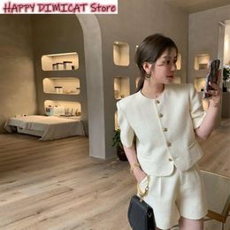 Womens Outifits Korean Shirt Blazers Wide Leg Shorts O Neck Short Sleeve Tweed Jacket Crop Cardigan Suits Two Piece Sets 240417
