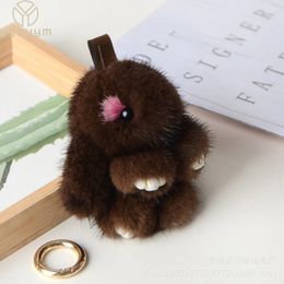 Cute Bunny Real Mink Fur Keychain Women Bag Ornaments Trinkets Plush Rabbit Pendant Car Key Rings Birthday Gift Girl Accessories 240418