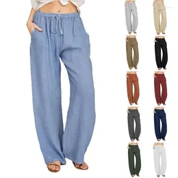 Women's Pants Cotton Linen Casual Loose Solid Elastic Waist Pocket Straight Trousers Ladies Oversize Wide Leg Pant Streetwear