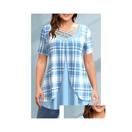 Plus Size Dresses Loose Womens T-Shirt Summer Short Sleeve Casual Plaid Print Lace-Up Fake Two Piece Blouse Oversized Ladies Clothing Otrx7