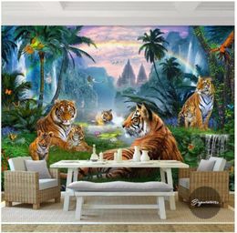 3D po wallpaper custom 3d wall murals wallpaper Rainbow Creek Water Waterfall Forest Big Tiger Group Animal Forest Landscape Oi4681504