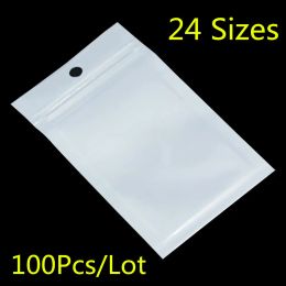 Bags 100pcs Small White / Clear Zip Lock Plastic Package Bags with Zipper Self Seal Transparent Ziplock Poly Packaging Bag Hang Hole