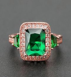 Rose gold tone green crystal emerald gemstones diamonds rings for women princess luxury jewelry bijoux bague party gift size6105226218