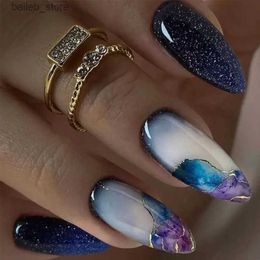 False Nails 24Pcs Glitter smudge Astral French Fake Nails with Almond Design Mid-length Droplet Shape False Nails Oval Press on Nail Tips Y240419