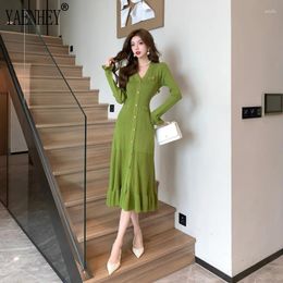 Casual Dresses French Fashion Green Knitted Midi Dress For Women V-Neck Single Breasted Ruffles Slim Sweater Party Autumn Winter 2024