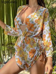 Women's Swimwear VigoCasey Sexy Print 3 Piece Short Sleeve Smock Bikini Set Women 2024 Halter Push Up Swimsuit Summer Beach Bathing Suit