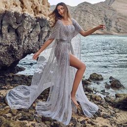 Party Dresses Grey A Line Cape Sleeves Luxury Beaded Evening Customised OEM/ODM Sexy High Split Gowns Overskirt 2024