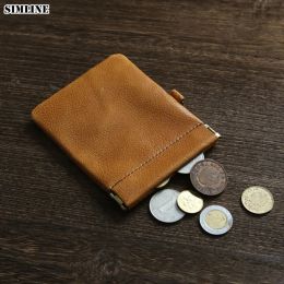 Purses Genuine Leather Squeeze Coin Purse For Men Women Vintage Small Mini Slim Wallet Pouch Pocket Card Holder Money Storage Bag Male