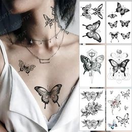 Waterproof Temporary Tattoo Stickers Black Butterfly Rose Transfer Flash Tatoo Women Sexy Neck Hand Chest Body Art Fake Tattoos 240418