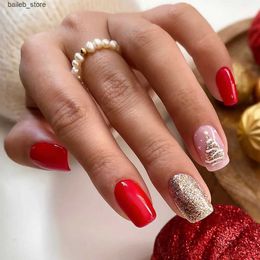 False Nails 24pcs Gold Xmas Tree Fake Nail Patch Christmas Red False Nail Full Cover Detachable Artificial Nail Tips for Girl New Year Gifts Y240419 Y240419