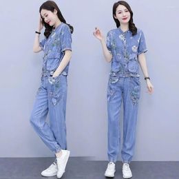 Women's Two Piece Pants Cowboy Suit Spring Autumn 2024 Summer Set Lady Fashion Casual Sportswear 2PCS Temperament Jeans Two-Piece Top Female