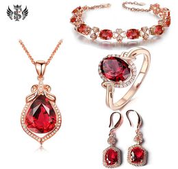 Hollow Fourleaf Clover Bracelet 14K Rose Gold Ring Pigeon Blood Red Tourmaline Ear Hook Full Diamond Ruby Pendant9550373