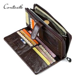Wallets CONTACT'S Genuine Leather Men Wallets High Quality Long Clutch Wallet Design Card Holder Purse Bag Coin Pockets Famous Brand