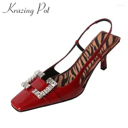 Dress Shoes Krazing Pot Full Grain Leather Stiletto High Heels Dating Crystal Luxury Women Diamond Fasteners Slingback European Design Pumps