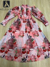 Casual Dresses AELESEEN Bohemian Fashion Dress For Women Spring Autumn Turn-down Collar Lantern Sleeve Fruit Flower Print Pink Long Chiffon