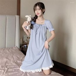 Women's Sleepwear KoreaSweet Lovely Ruffled Thin Square Neck Nightdress Lace Edge Cotton Linen Breathable Short Sleeve Dress Casual Women