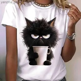 Women's T-Shirt Cat Print T-shirt Casual Short Slve Crew Neck Top For Spring Summer Womens Clothing Swt Print Summer T Clothing T-shirts Y240420