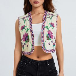 Women's Knits Vintage Women Floral Embroidery Vest Jackets Summer National Style Open WaistCoat Casual Patchwork V Neck Ladies Short Tops