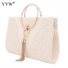 Bags Straw Zinc Alloy Tassels Handbag For Women 2020 Wedding Party Clutch Bags With Chain Circular Ring Bolsa Feminina Purse Evening