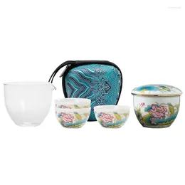 Teaware Sets Chinese-Chic Style Sheep Fat Jade Express Cup Outdoor Ceramic Glass One Pot 3 Cups Kungfu Travel Tea Set Outfit