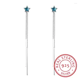 Stud Earrings Temperament 925 Sterling Silver Blue Crystal Stars Long Tassel Ear Line Dangle For Women Gift Fashion Jewellery E769