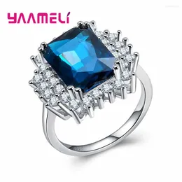 Cluster Rings Punk Style Wide Square Cocktail Paved Micro Blue CZ Crystal Cubic Zircon 925 Sterling Silver For Women Girls Party