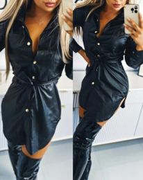 Casual Dresses Fashionable And Women Dress 2024 Spring Autumn Turn-Down Collar Tied Detail Decoration Slit Pu Leather Shirt