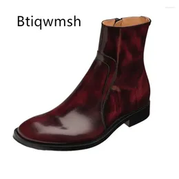 Dress Shoes Wine Red Ankle Boots Man Round Toe Real Cow Leather Flats Low Heels Male Fashion Casual