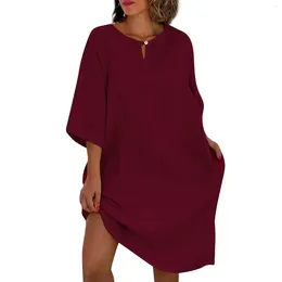 Casual Dresses Women's Summer Seven-point Sleeve Cotton And Linen Small V-neck Patchwork Vintage Solid Colour Dress Ropa De Mujer Ofertas