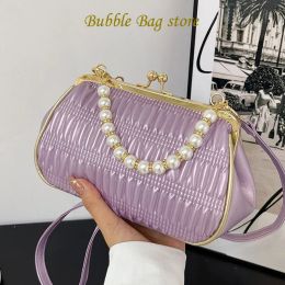 Bags Fashion Women Pearl Chain Shoulder Bag Purple Pearl Small Handbag High Quality Fold Evening Clutch Designer Lady Crossbody Bags