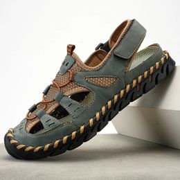 Handmade Summer Sandals Men Breathable Leather Shoes Man Retro Outdoor Antiskid Beach Hollow Footwear 240417
