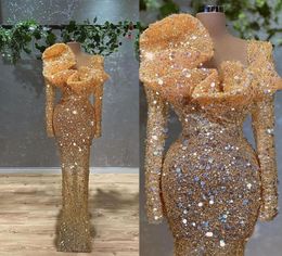 Glitter Gold Sequins Mermaid Prom Dresses 2022 Long Sleeves Plus Size Sweep Train Formal Evening Occasion Gowns For Arabic Women V8296809