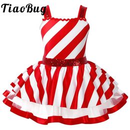 Kids Girls Candy Cane Mrs Santa Claus Costume Shiny Sequins Christmas Dance Figure Ice Skating Tutu Dress Leotard Dancewear 240407