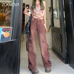 Women's Jeans ZOENOVA Women Clothing 2024 Fashion American Retro Gradient Dark Brown High Waist Loose Wide Leg Pants Pocket Overalls
