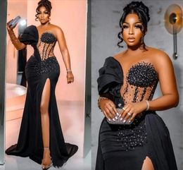 Arabic Aso Ebi Black Mermaid Prom Dresses Overskirts Satin Sheer Neck Lace Beaded Formal Ocn Evening Gowns Sexy Side Slit Ruched Second Reception Dress BC18650