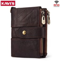 Wallets KAVIS 100% Genuine Leather Rfid Wallet Men Crazy Horse Wallets Coin Purse Short Male Money Bag Quality Designer Mini Walet Small