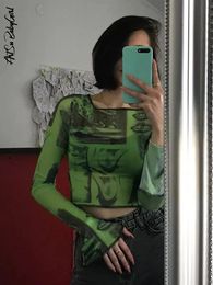 Y2K Mesh Top Women Streetwear Long Sleeve Graphic Tee See Through O Neck Tops Slim Anime T-shirt Sexy Crop Top Women Clothing 240409