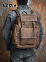 Backpacks NASVA Genuine Leather Men's Backpack Retro Backpack Camping Bag Luggage Backpack Hiking Bag Can Be Fixed In The Luggage Trolley