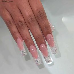 False Nails 24Pcs Extra Long White French False Nails with Rhinestone Detachable Ballet Square Fake Nails Wearable Press on Nails Manicure Y240419 Y240419