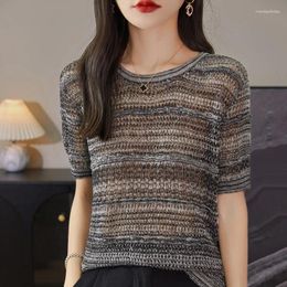 Women's T Shirts T-shirt Summer Worsted Wool Sweater Short Sleeve Striped Round Neck Ladies Tops Loose Blouse Hollow Pullover Tees