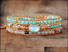 Charm Bracelets Jewellery Women Natural Opal Stone 3 Rows Leather Wrap Bracelet Fancy Femme Boho4186116