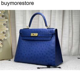 Women Handbag 7a Handmade Ostrich Skin 28 Bag with Lock Versatile Genuine Leather Bag with One Shoulder Crossbody Bag Blue