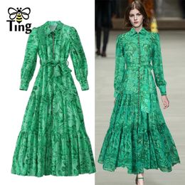 Tingfly Runway Designer Floral Print Single Brested Lantern Sleeve Maxi Long Party Dresses with Sashes Lady Chic Robes Vestidos 240410